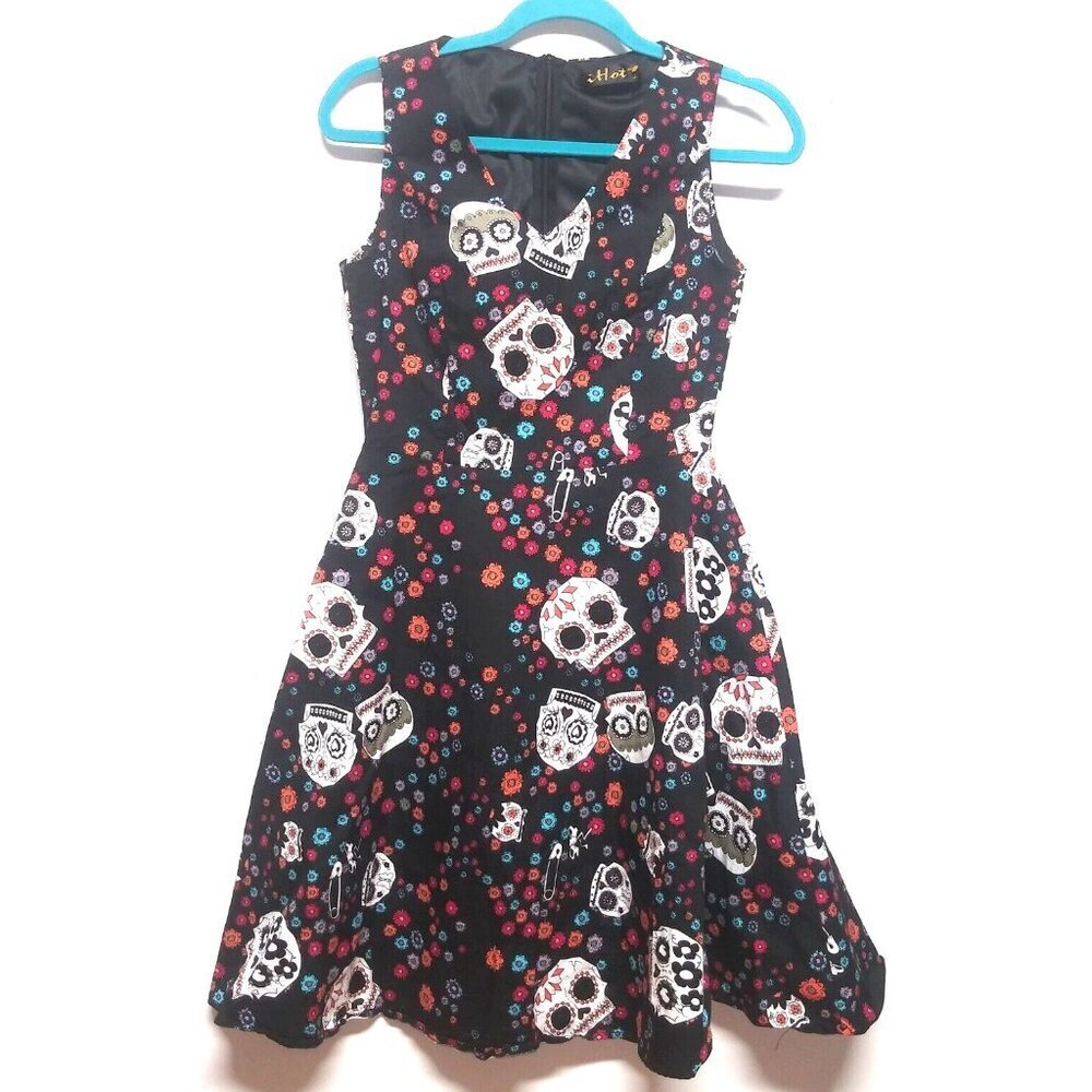 NWOT IHOT Tea-Dress VTG 1950s Sz M SKULLS Flare Retro Party Cocktail Halloween